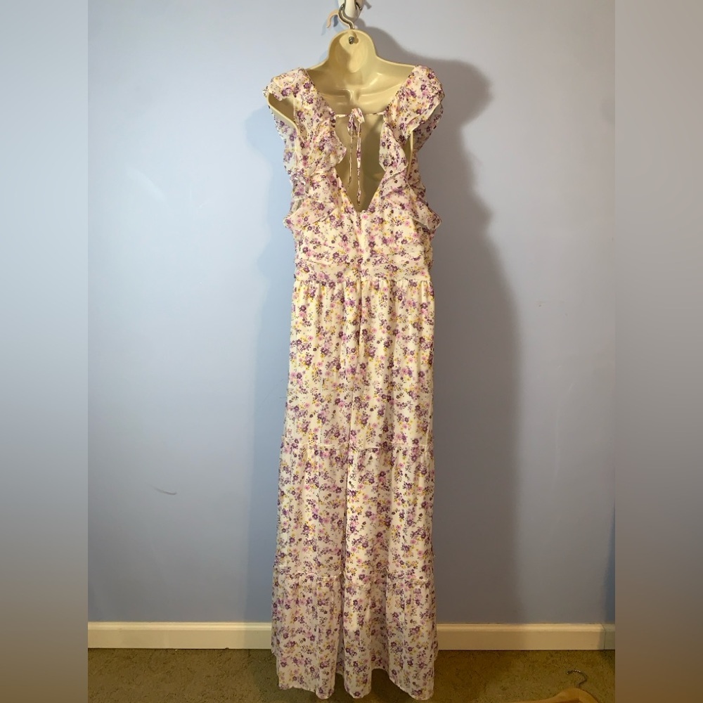 Arula Annie Purple Yellow Floral Maxi Dress With Ruffle Flutter Straps Tiered 14 — image 4 of 8